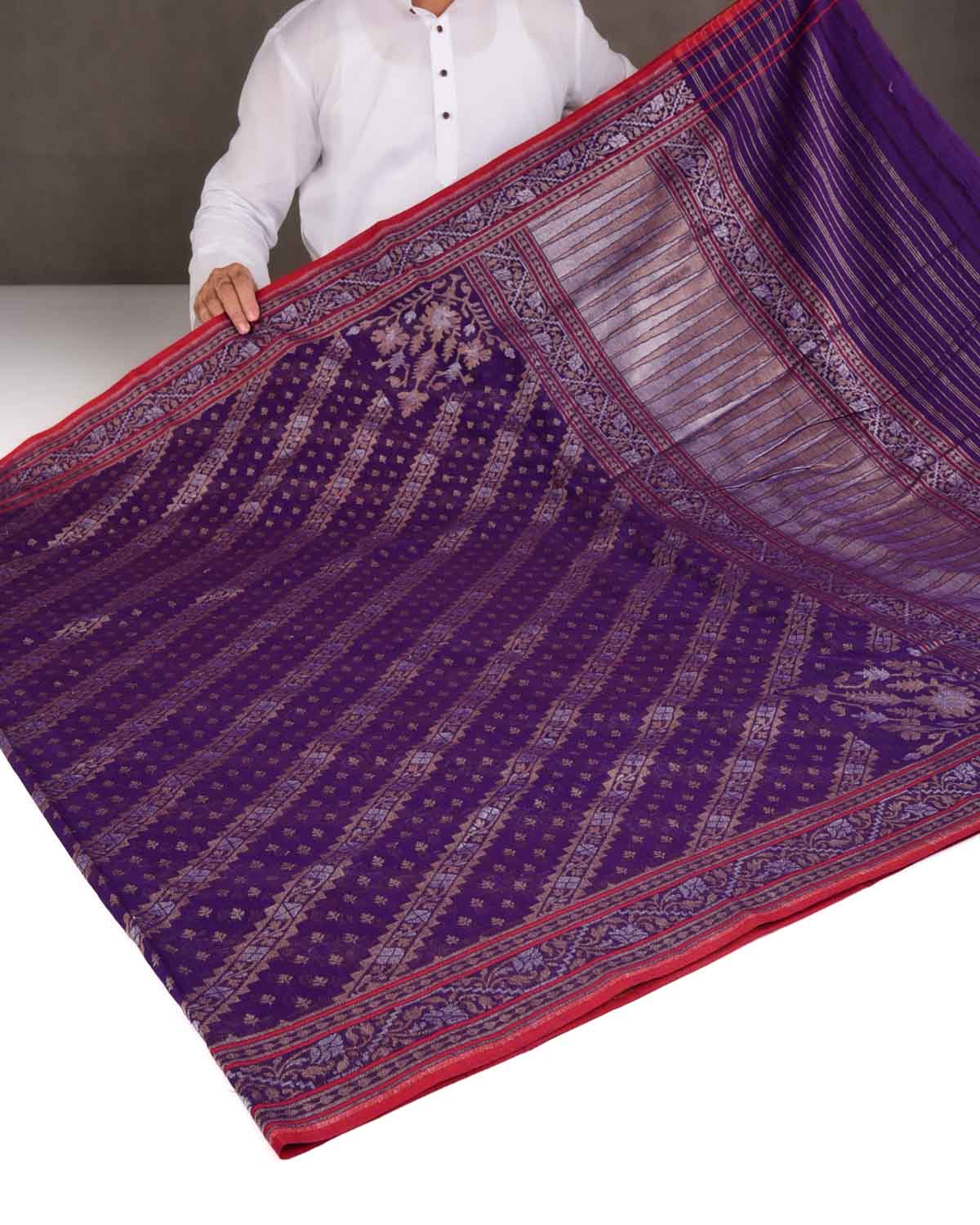 Purple Nilambari Gold & Silver Zari Diagonal Ornament Stripes Cutwork Brocade Handwoven Cotton Banarasi Saree with Koniya Buta-HolyWeaves