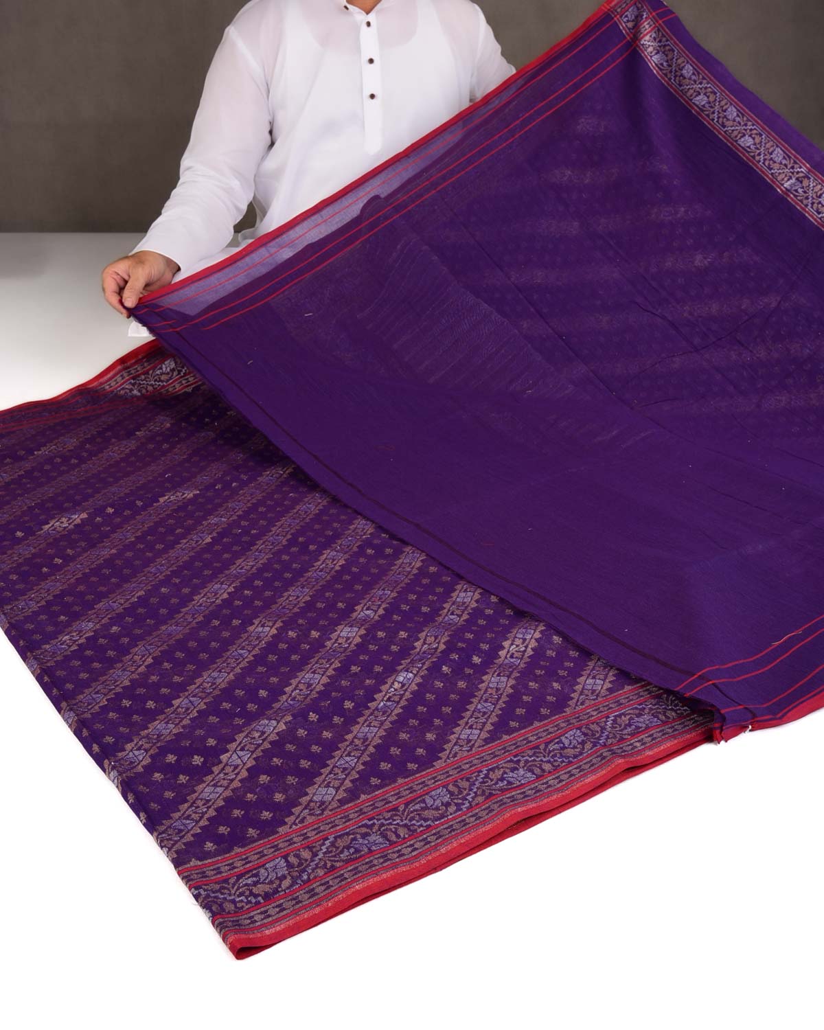 Purple Nilambari Gold & Silver Zari Diagonal Ornament Stripes Cutwork Brocade Handwoven Cotton Banarasi Saree with Koniya Buta-HolyWeaves