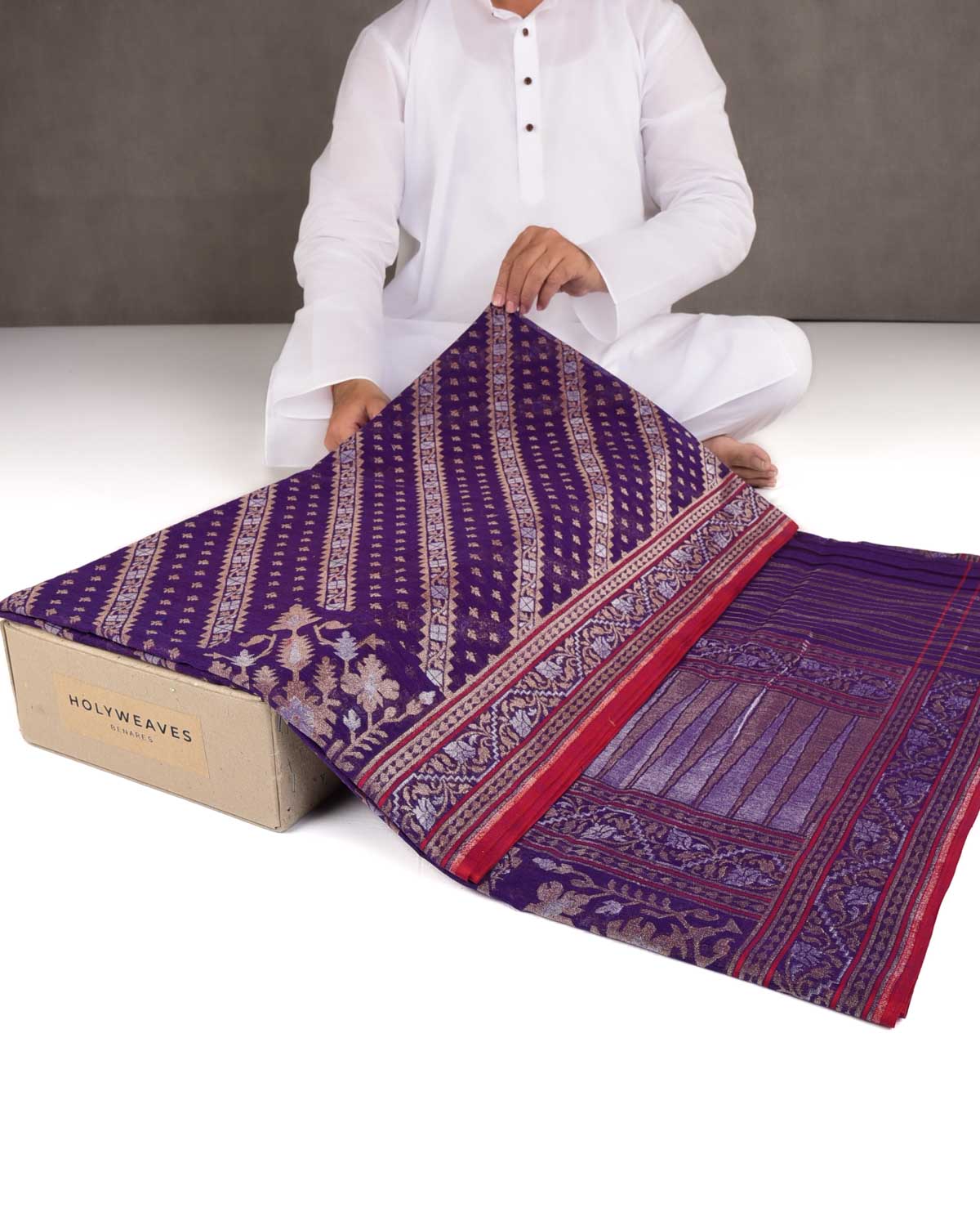 Purple Nilambari Gold & Silver Zari Diagonal Ornament Stripes Cutwork Brocade Handwoven Cotton Banarasi Saree with Koniya Buta-HolyWeaves