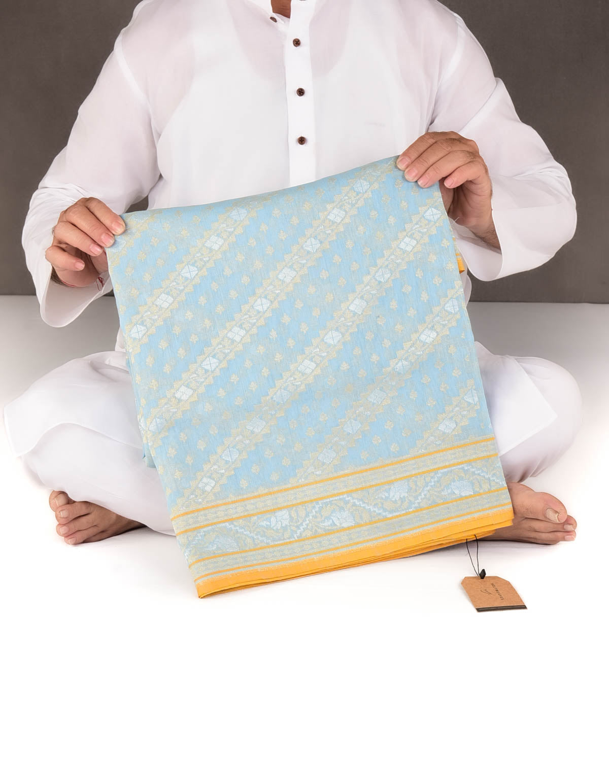 Powder Blue Nilambari Gold & Silver Zari Diagonal Ornament Stripes Cutwork Brocade Handwoven Cotton Banarasi Saree with Koniya Buta-HolyWeaves