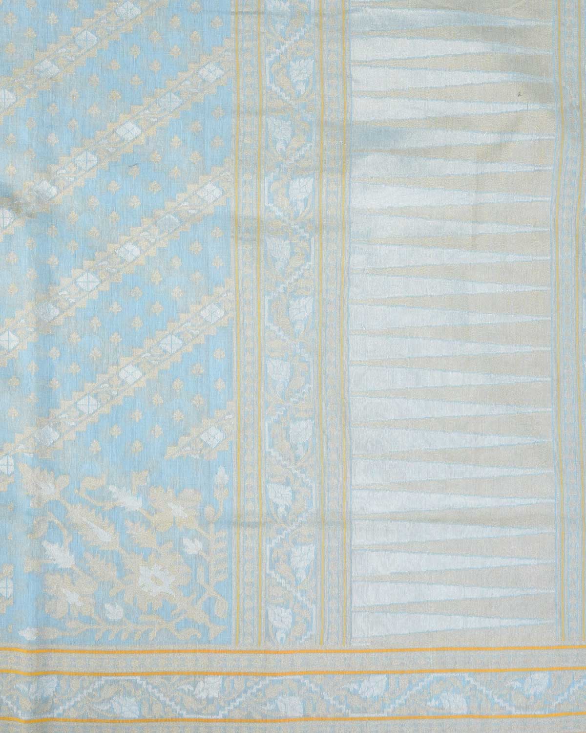 Powder Blue Nilambari Gold & Silver Zari Diagonal Ornament Stripes Cutwork Brocade Handwoven Cotton Banarasi Saree with Koniya Buta-HolyWeaves