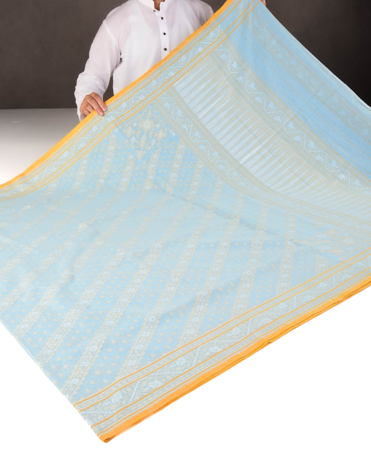 Powder Blue Nilambari Gold & Silver Zari Diagonal Ornament Stripes Cutwork Brocade Handwoven Cotton Banarasi Saree with Koniya Buta-HolyWeaves