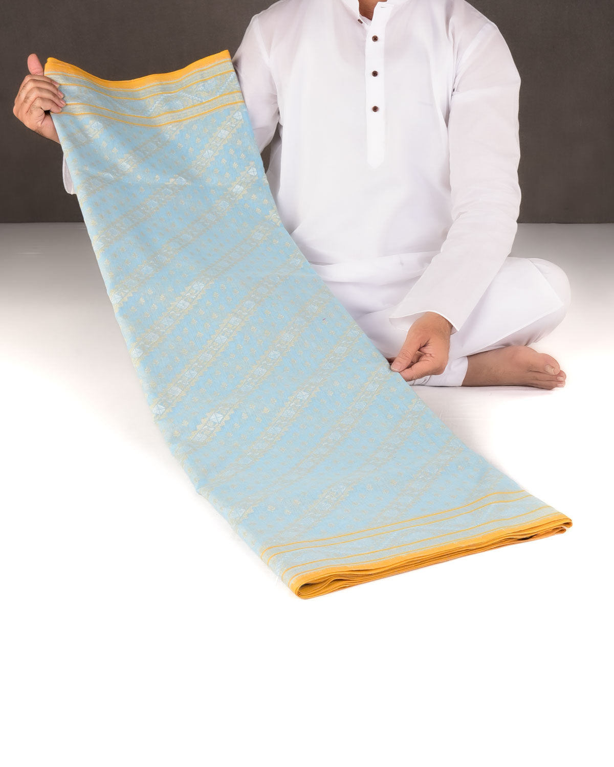 Powder Blue Nilambari Gold & Silver Zari Diagonal Ornament Stripes Cutwork Brocade Handwoven Cotton Banarasi Saree with Koniya Buta-HolyWeaves