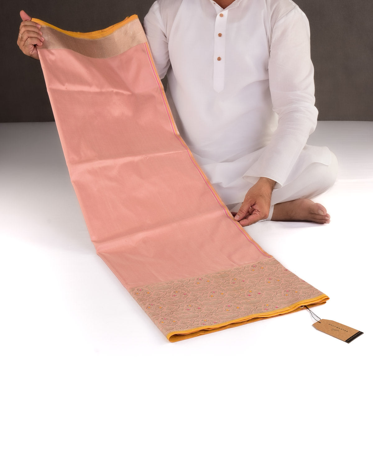 Light Coral Pink Gold Zari Paisley Meenekari Border Kadhuan Brocade Handwoven Katan Silk Banarasi Saree-HolyWeaves