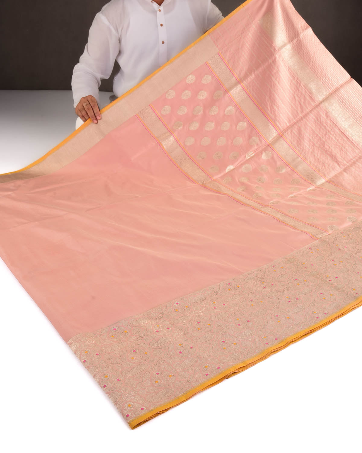 Light Coral Pink Gold Zari Paisley Meenekari Border Kadhuan Brocade Handwoven Katan Silk Banarasi Saree-HolyWeaves