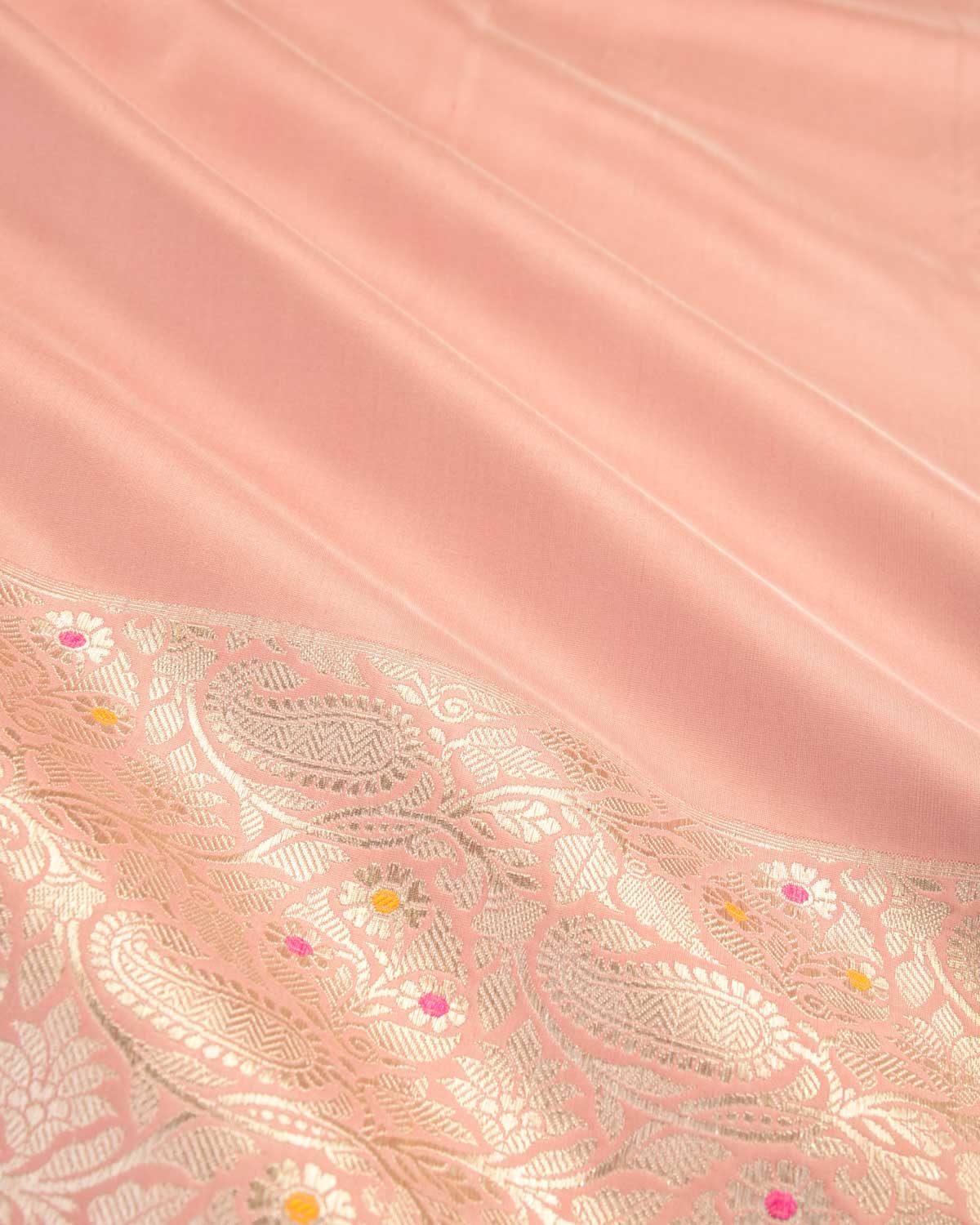 Light Coral Pink Gold Zari Paisley Meenekari Border Kadhuan Brocade Handwoven Katan Silk Banarasi Saree-HolyWeaves