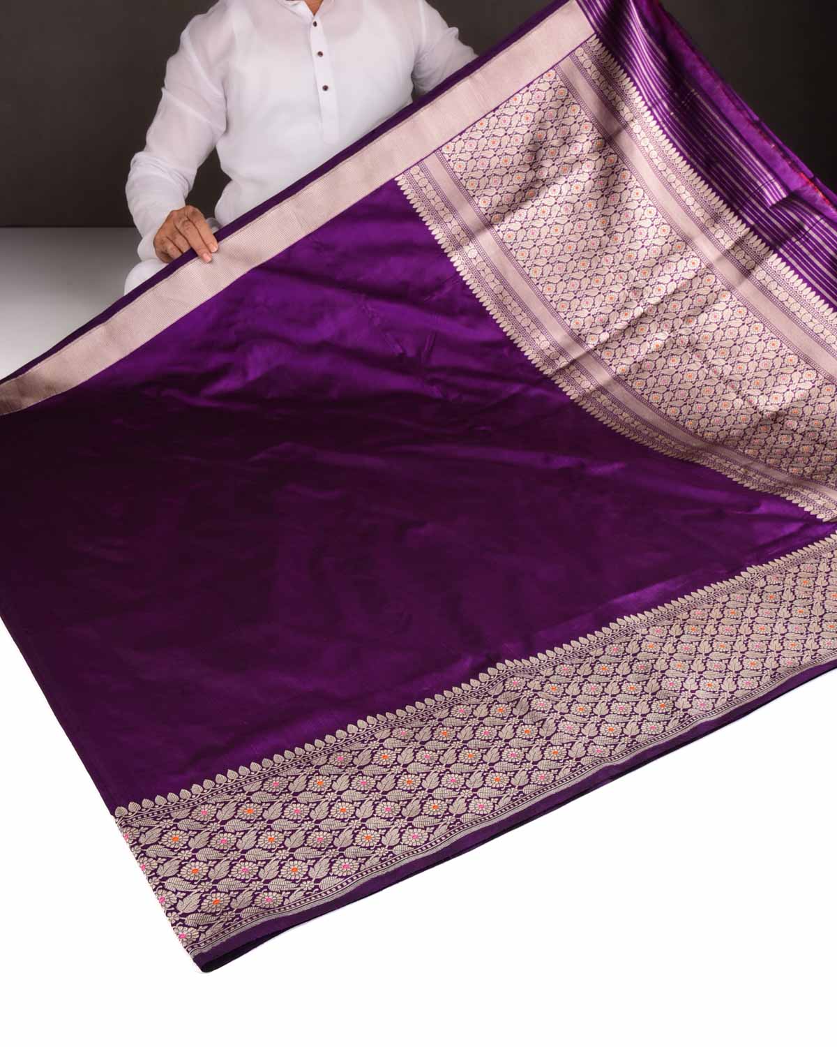 Purple Kadhuan Brocade Handwoven Katan Silk Banarasi Saree with Gold Zari Paisley Meenekari Border-HolyWeaves