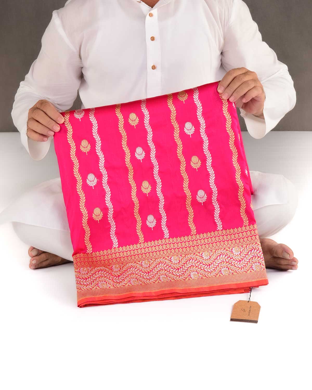 Shot Red-Pink Gold & Silver Zari Buti Kadhuan Brocade Handwoven Katan Silk Banarasi Saree-HolyWeaves