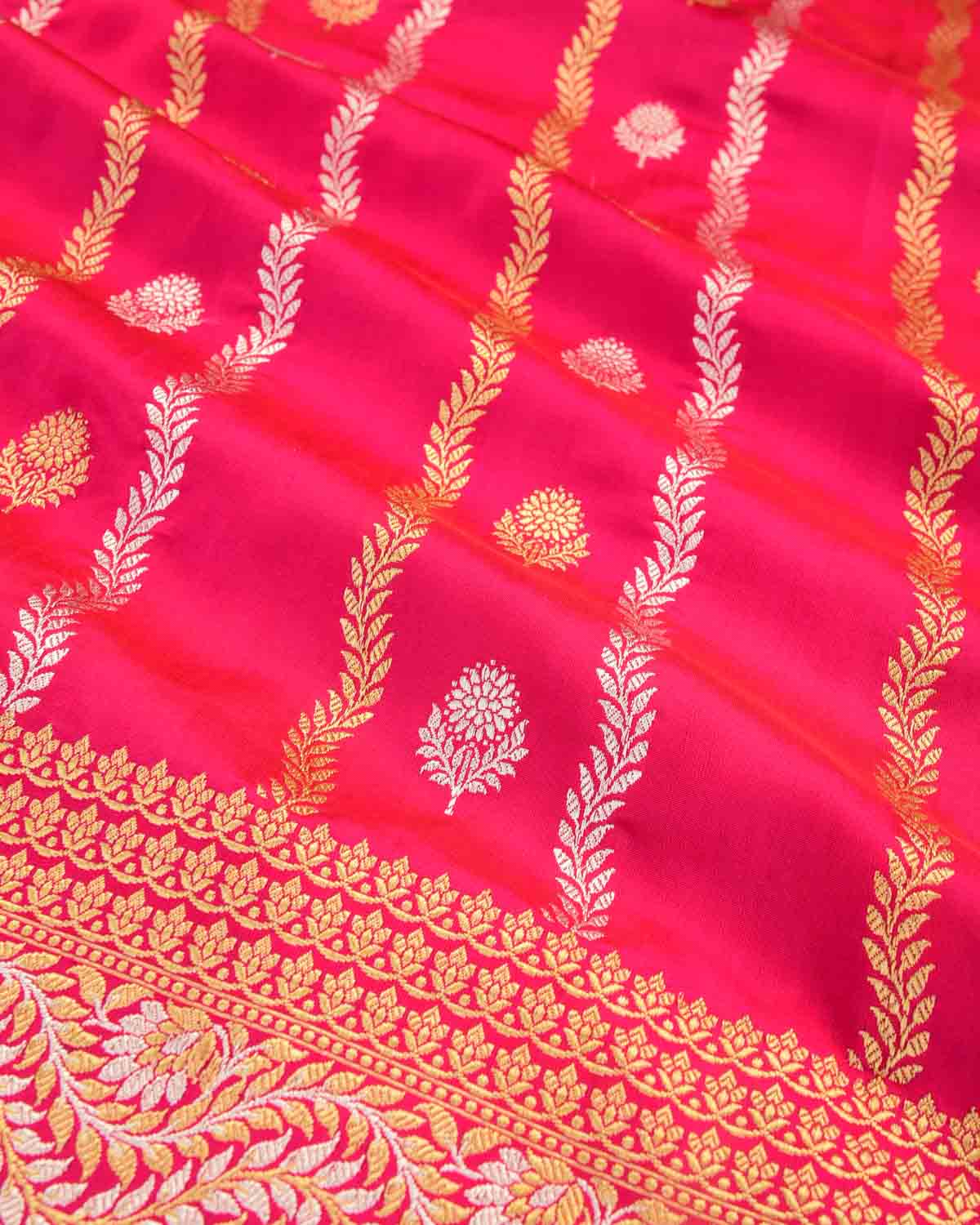 Shot Red-Pink Gold & Silver Zari Buti Kadhuan Brocade Handwoven Katan Silk Banarasi Saree-HolyWeaves