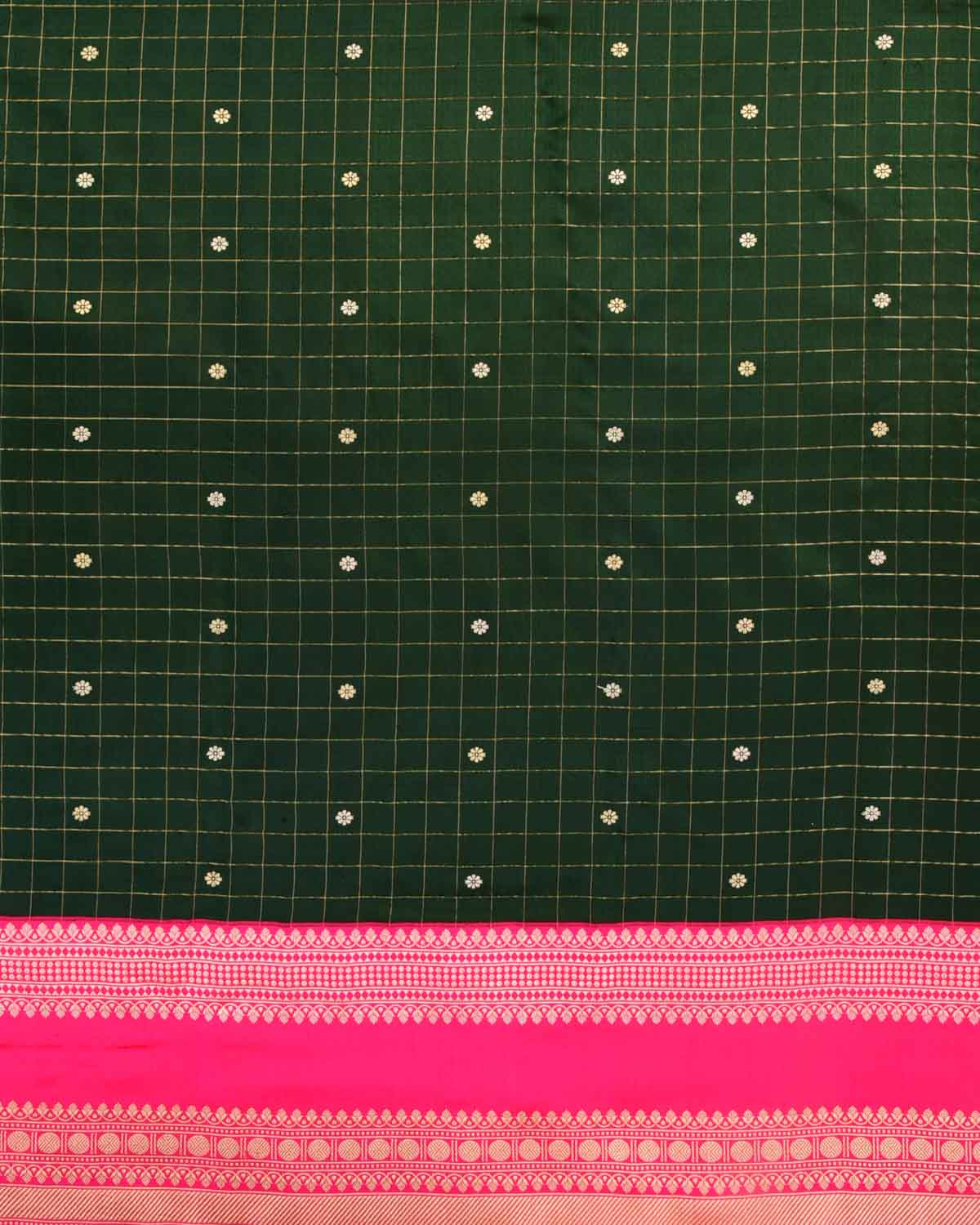 Midnight Green Chequered Grids Kadhuan Brocade Handwoven Katan Silk Banarasi Saree with Shot Pink Border Pallu-HolyWeaves
