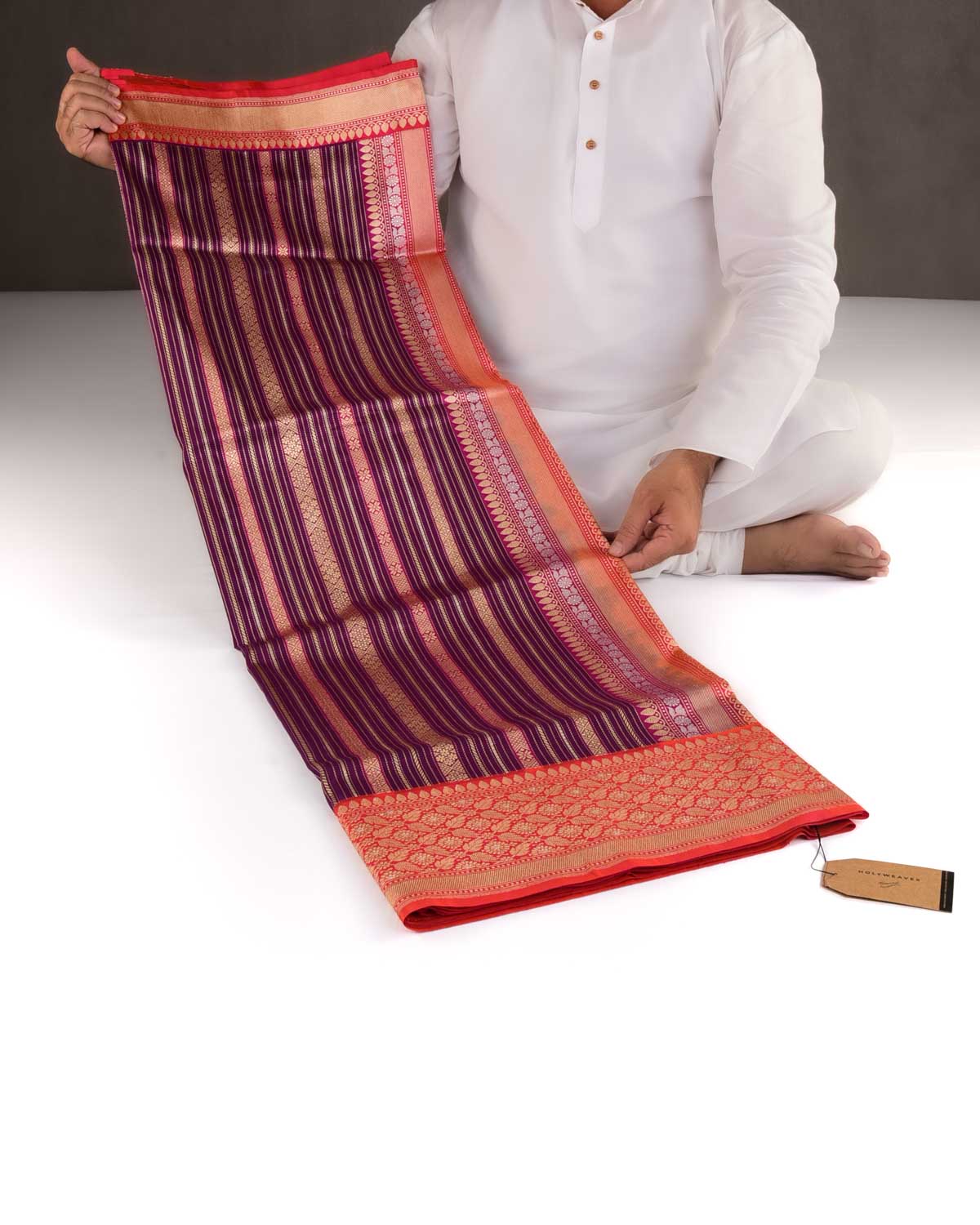 Purple Gold Zari & Resham Ornament Stripes Kadhuan Brocade Handwoven Katan Silk Banarasi Saree with Shot Pink Border Pallu-HolyWeaves