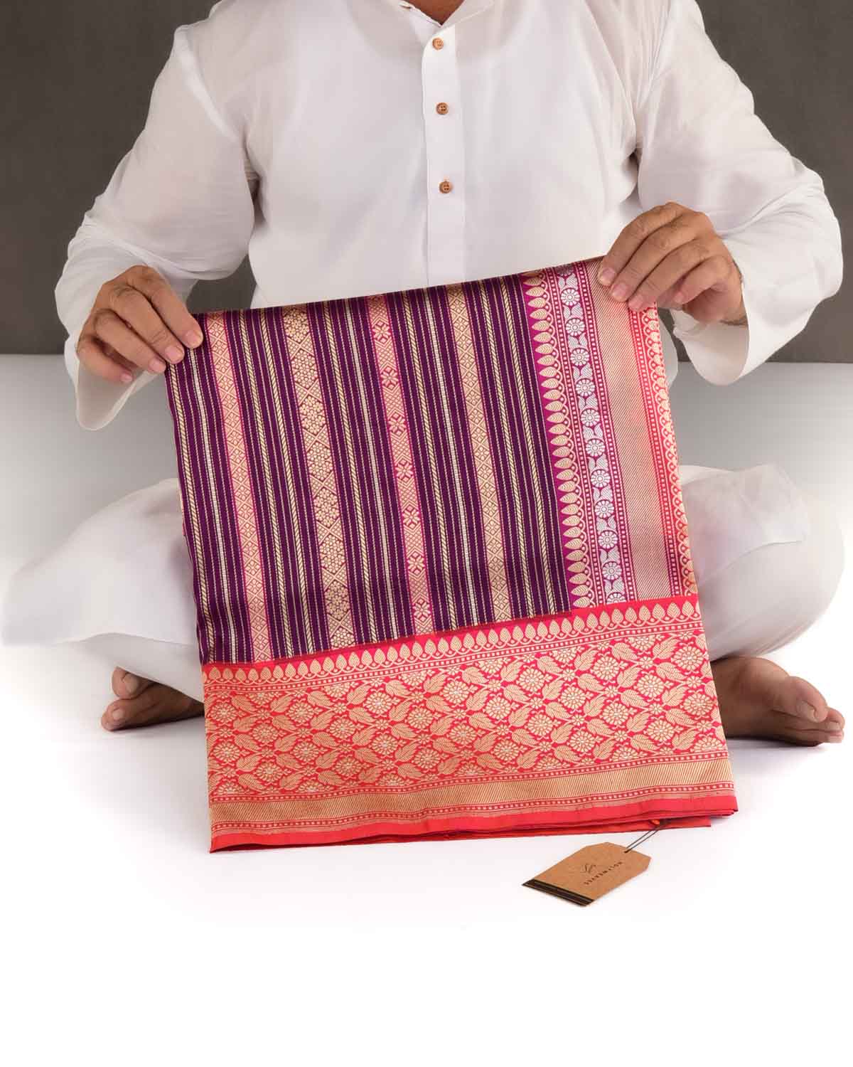 Purple Gold Zari & Resham Ornament Stripes Kadhuan Brocade Handwoven Katan Silk Banarasi Saree with Shot Pink Border Pallu-HolyWeaves