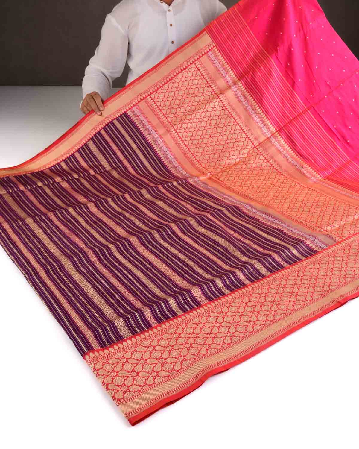Purple Gold Zari & Resham Ornament Stripes Kadhuan Brocade Handwoven Katan Silk Banarasi Saree with Shot Pink Border Pallu-HolyWeaves