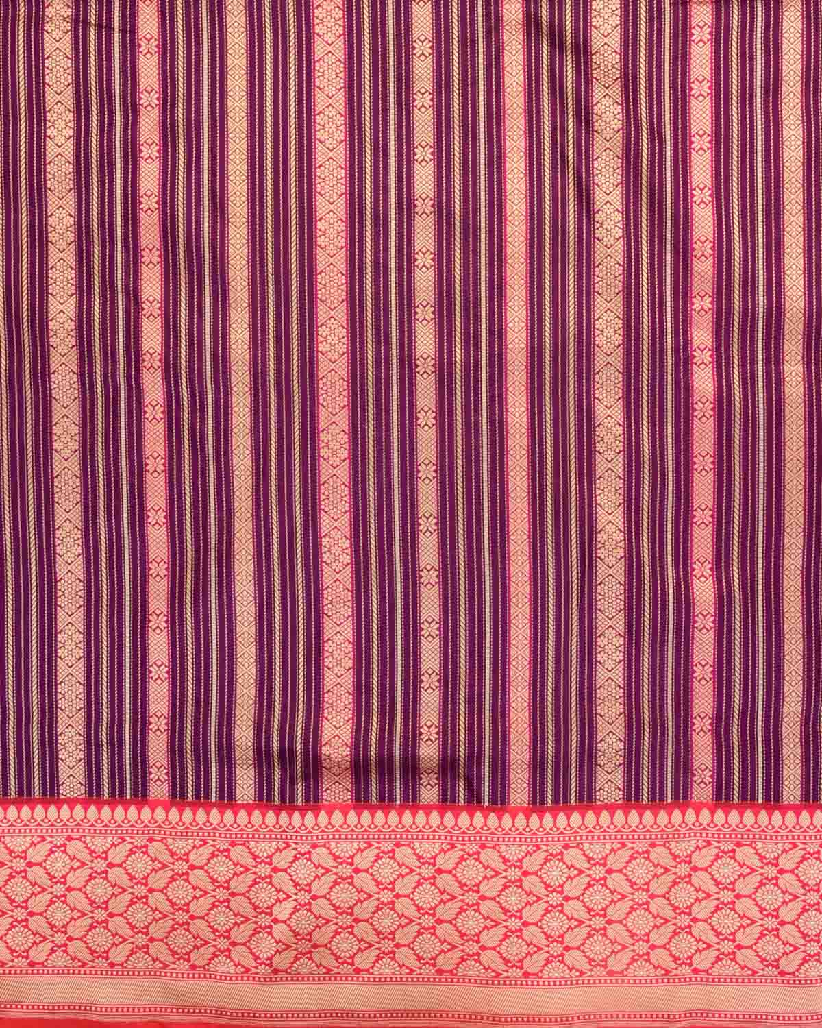 Purple Gold Zari & Resham Ornament Stripes Kadhuan Brocade Handwoven Katan Silk Banarasi Saree with Shot Pink Border Pallu-HolyWeaves