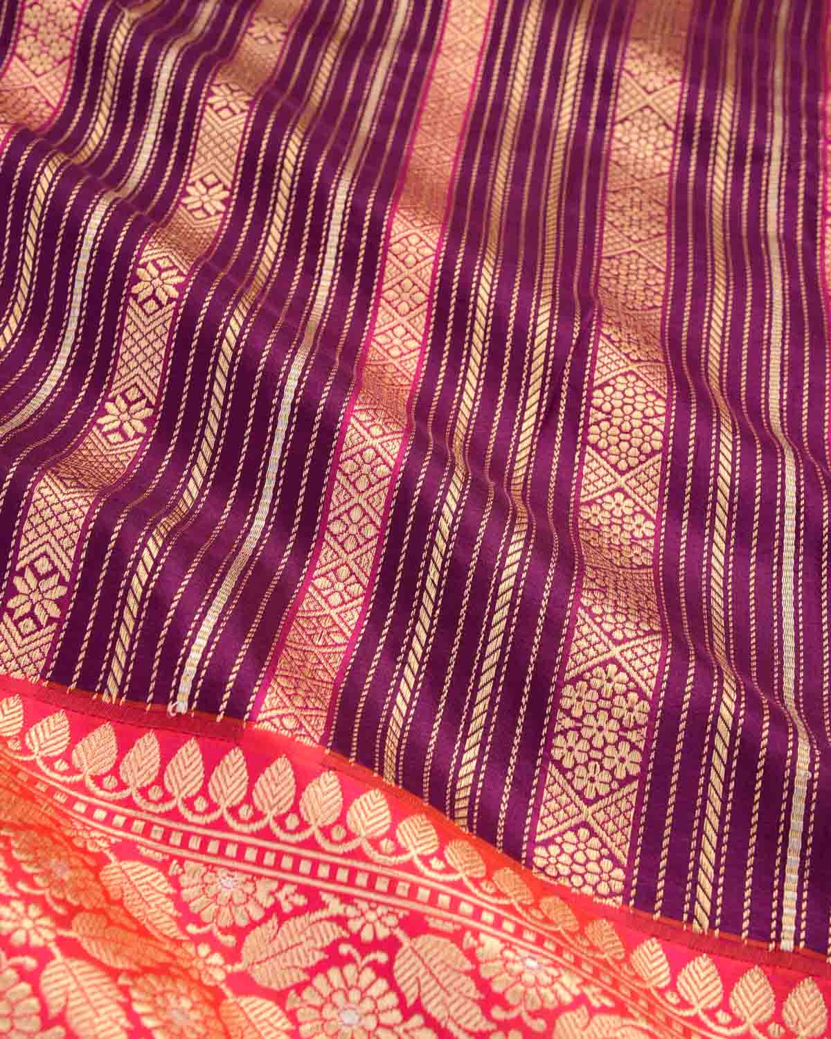 Purple Gold Zari & Resham Ornament Stripes Kadhuan Brocade Handwoven Katan Silk Banarasi Saree with Shot Pink Border Pallu-HolyWeaves