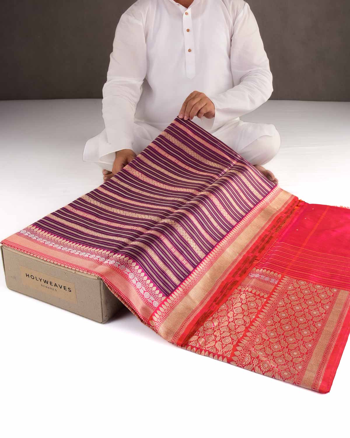 Purple Gold Zari & Resham Ornament Stripes Kadhuan Brocade Handwoven Katan Silk Banarasi Saree with Shot Pink Border Pallu-HolyWeaves