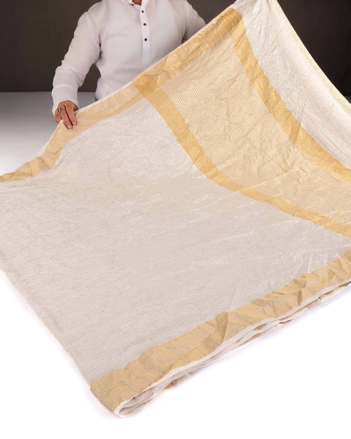 Crushed Silver Brocade Woven Kora Tissue Banarasi Saree with Gold Brocade Border Pallu-HolyWeaves
