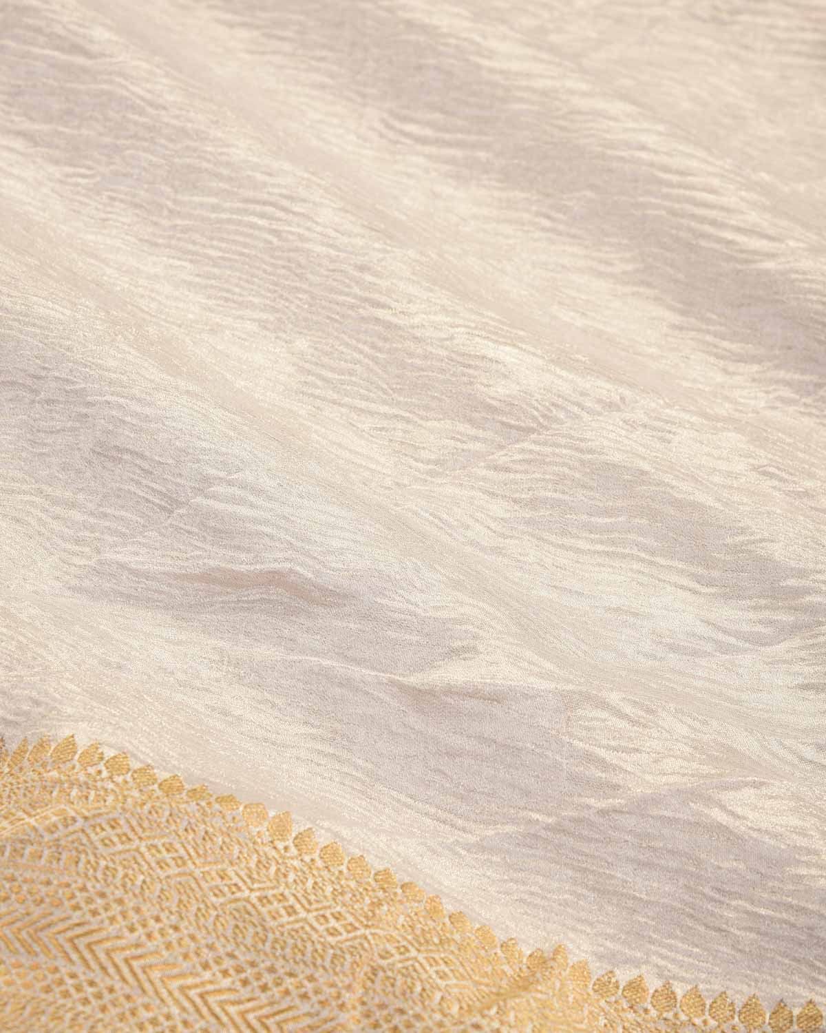 Crushed Silver Brocade Woven Kora Tissue Banarasi Saree with Gold Brocade Border Pallu-HolyWeaves