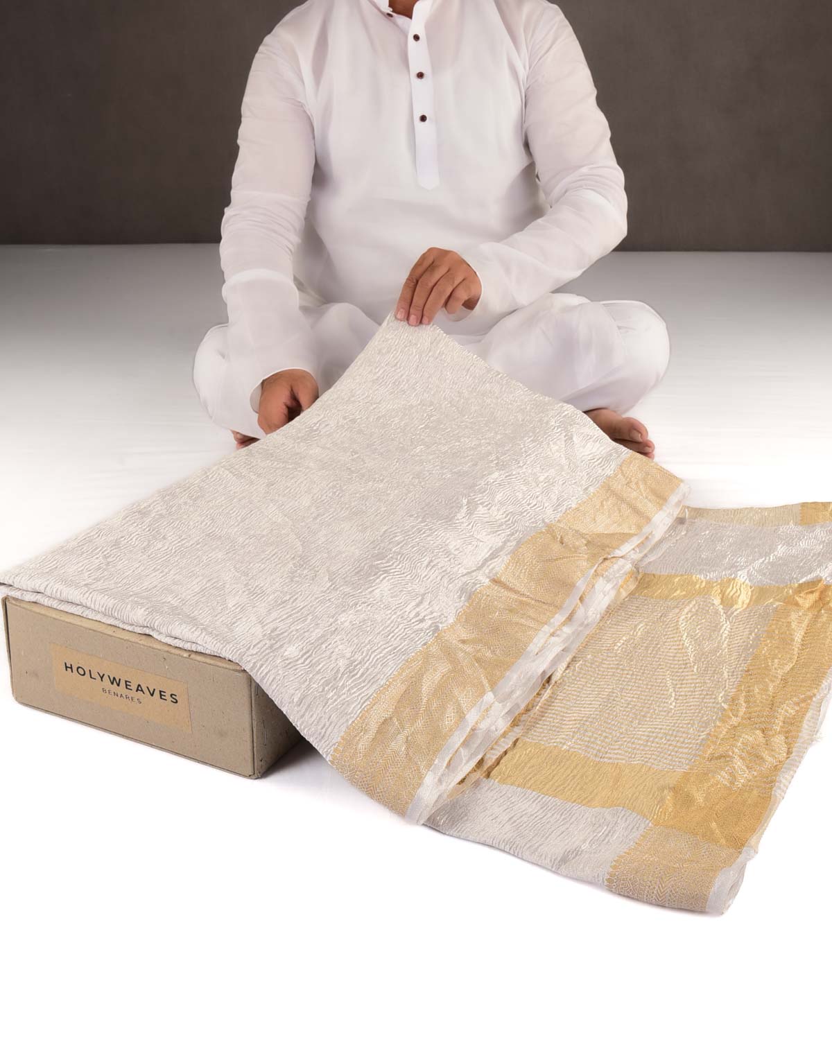 Crushed Silver Brocade Woven Kora Tissue Banarasi Saree with Gold Brocade Border Pallu-HolyWeaves