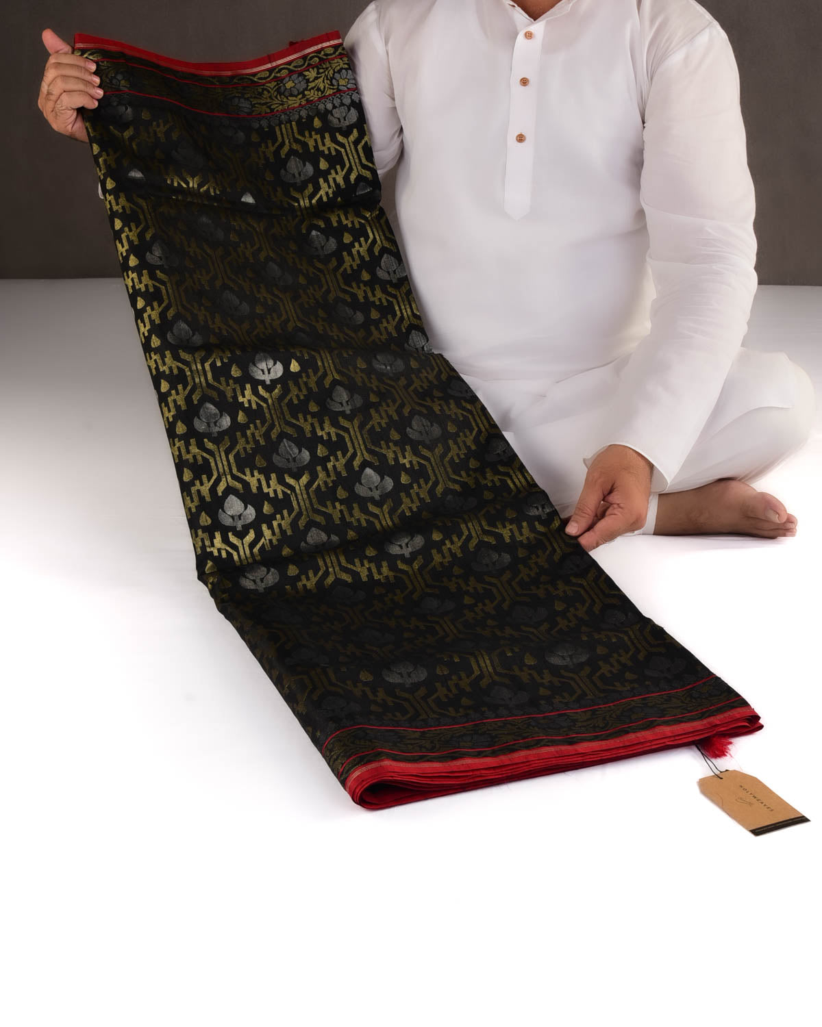 Black Gold & Silver Metallic Zari Jaal Ektara Cutwork Brocade Handwoven Tasar Silk Banarasi Saree with Contrast Red Selvage-HolyWeaves