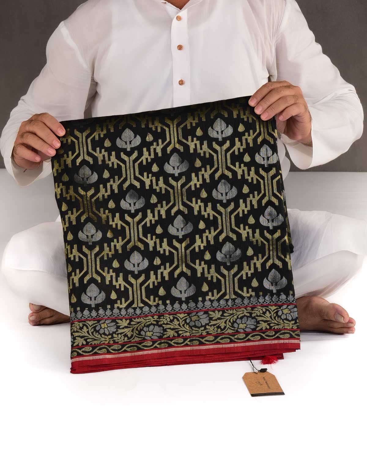 Black Gold & Silver Metallic Zari Jaal Ektara Cutwork Brocade Handwoven Tasar Silk Banarasi Saree with Contrast Red Selvage-HolyWeaves