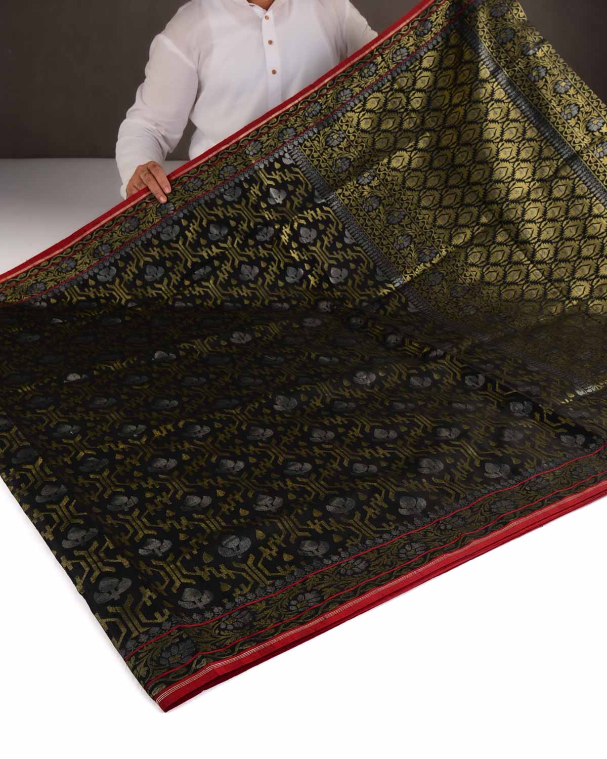 Black Gold & Silver Metallic Zari Jaal Ektara Cutwork Brocade Handwoven Tasar Silk Banarasi Saree with Contrast Red Selvage-HolyWeaves