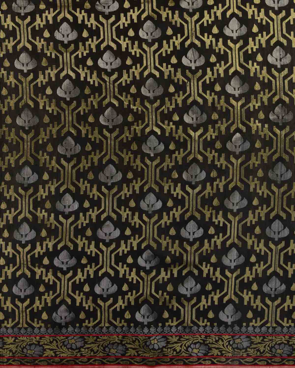 Black Gold & Silver Metallic Zari Jaal Ektara Cutwork Brocade Handwoven Tasar Silk Banarasi Saree with Contrast Red Selvage-HolyWeaves