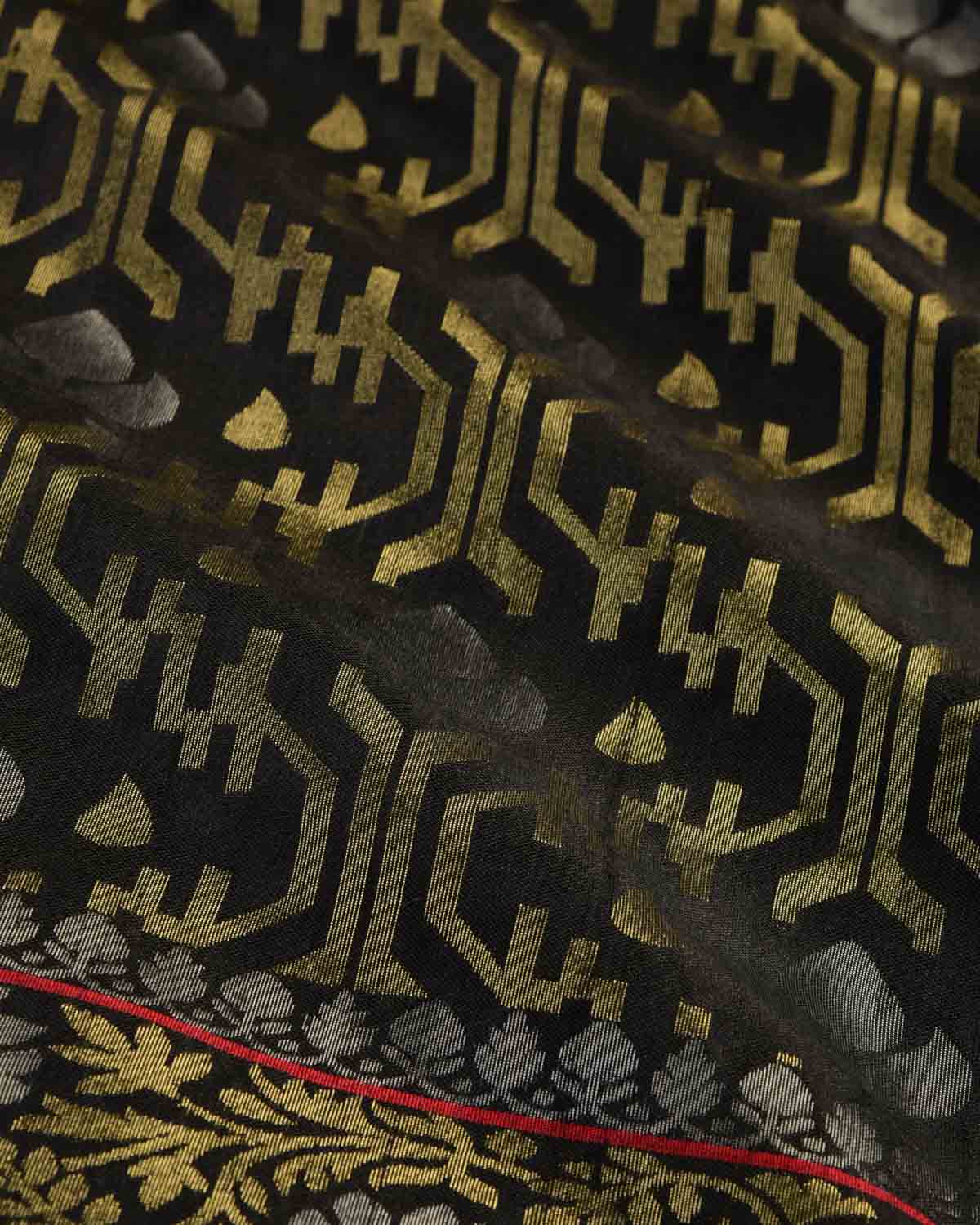 Black Gold & Silver Metallic Zari Jaal Ektara Cutwork Brocade Handwoven Tasar Silk Banarasi Saree with Contrast Red Selvage-HolyWeaves
