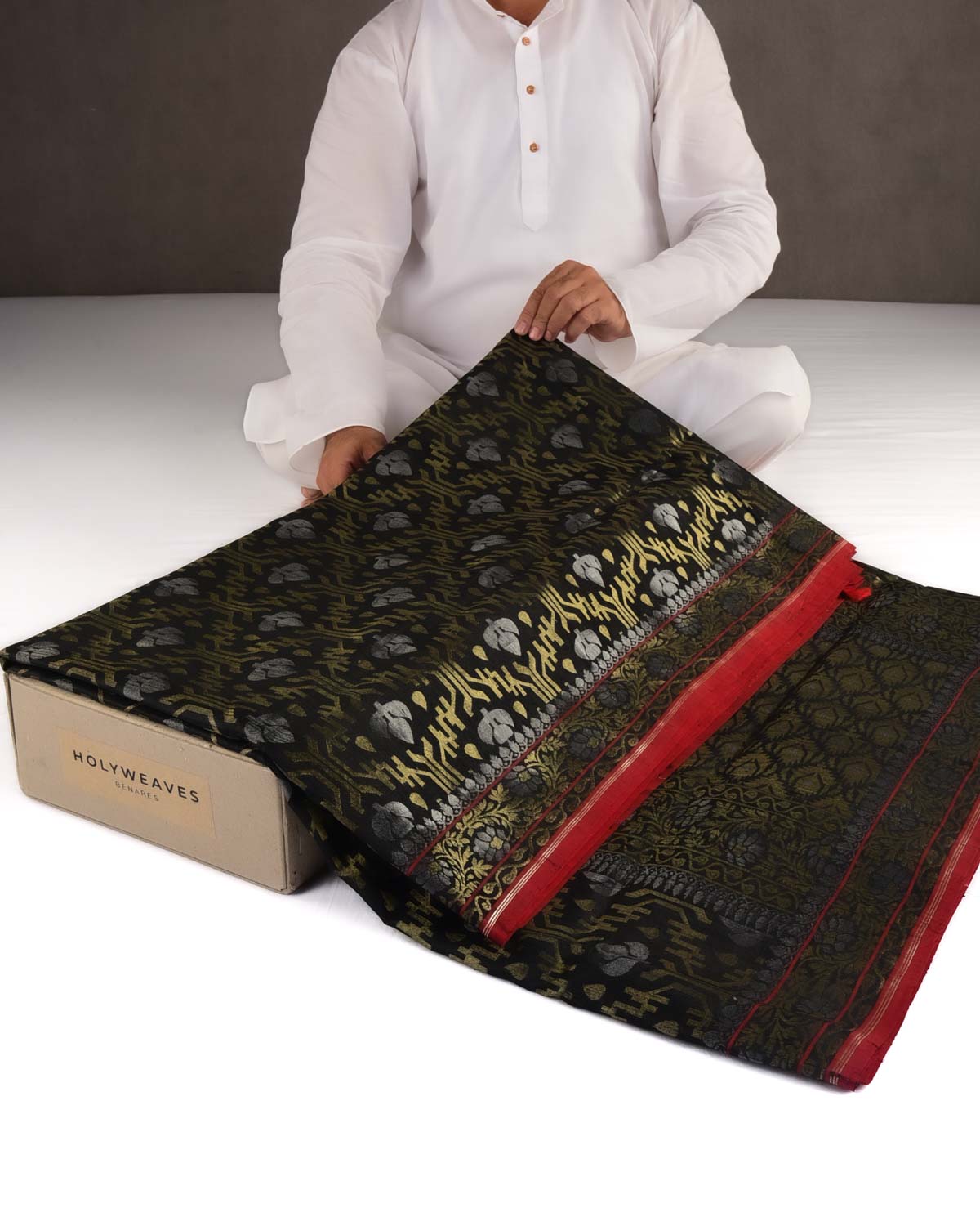 Black Gold & Silver Metallic Zari Jaal Ektara Cutwork Brocade Handwoven Tasar Silk Banarasi Saree with Contrast Red Selvage-HolyWeaves