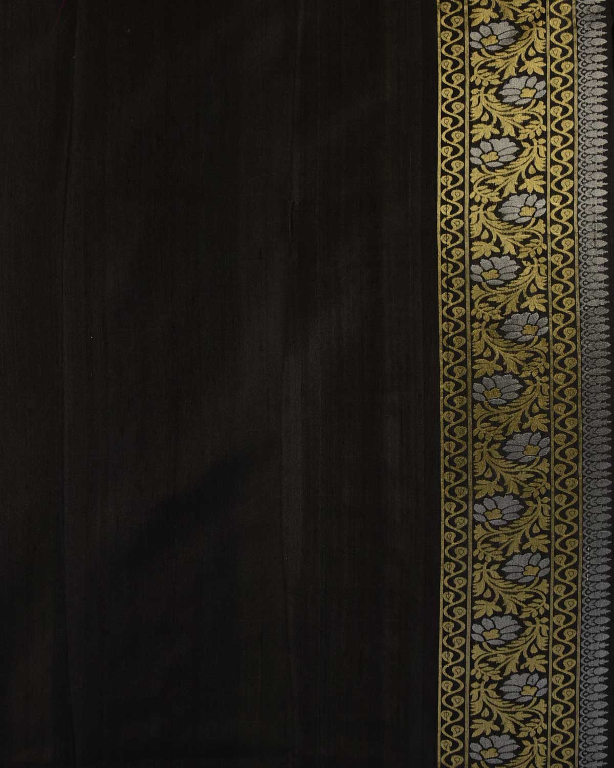 Black Gold & Silver Metallic Zari Jaal Ektara Cutwork Brocade Handwoven Tasar Silk Banarasi Saree with Contrast Red Selvage-HolyWeaves