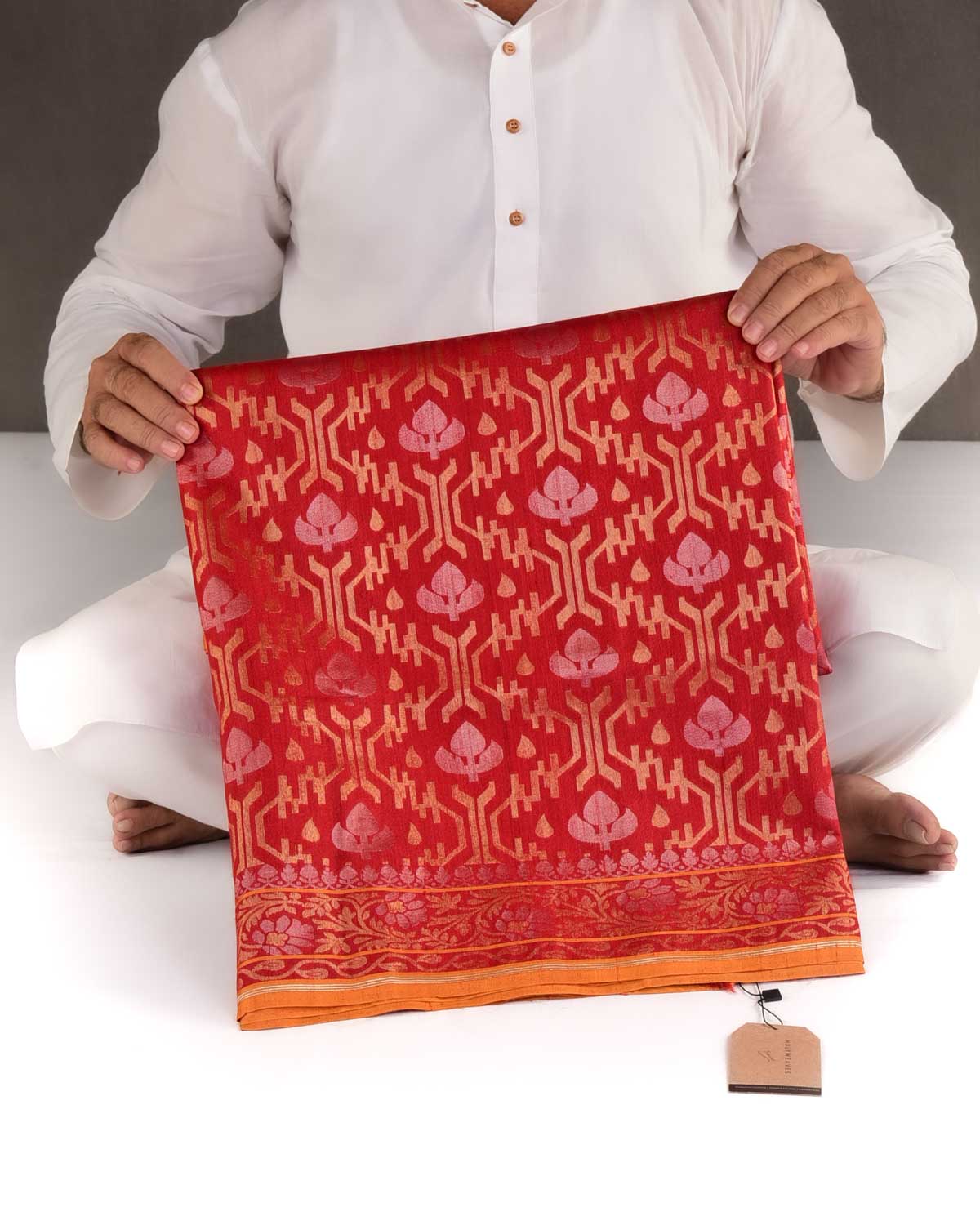 Red Gold & Silver Metallic Zari Jaal Ektara Cutwork Brocade Handwoven Tasar Silk Banarasi Saree with Contrast Orange Selvage-HolyWeaves