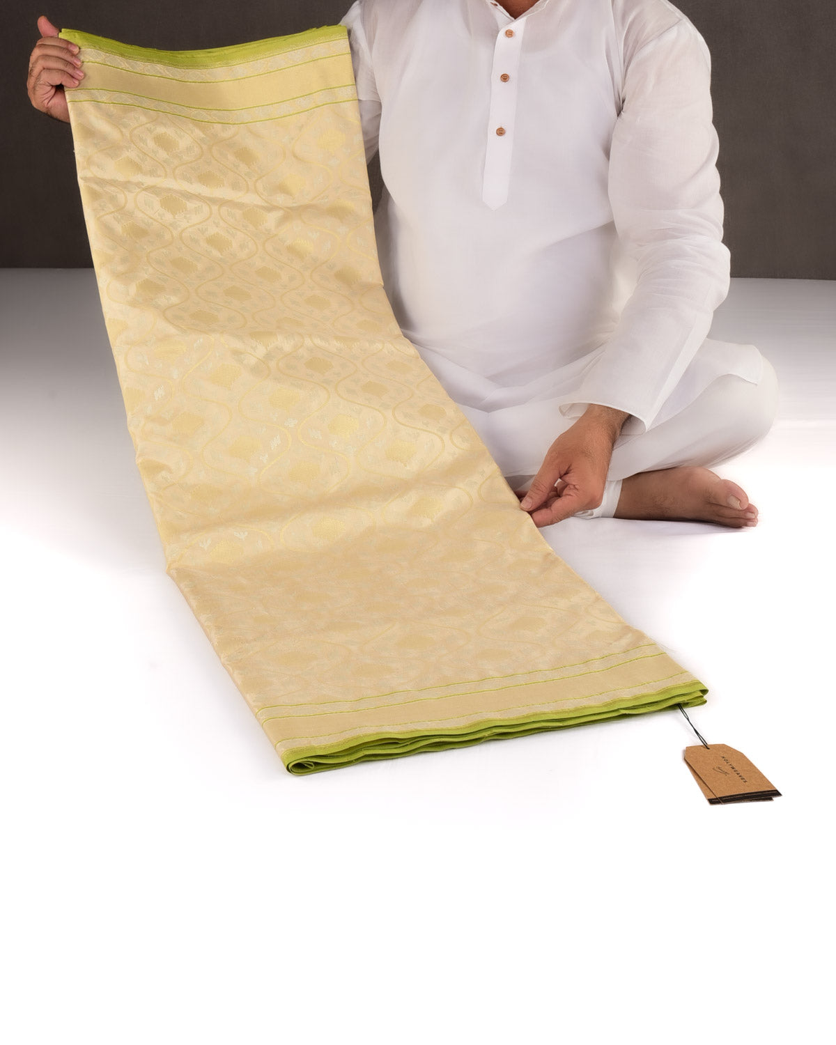 Cream Gold & Silver Metallic Zari Jaal Ektara Cutwork Brocade Handwoven Katan Silk Banarasi Saree-HolyWeaves