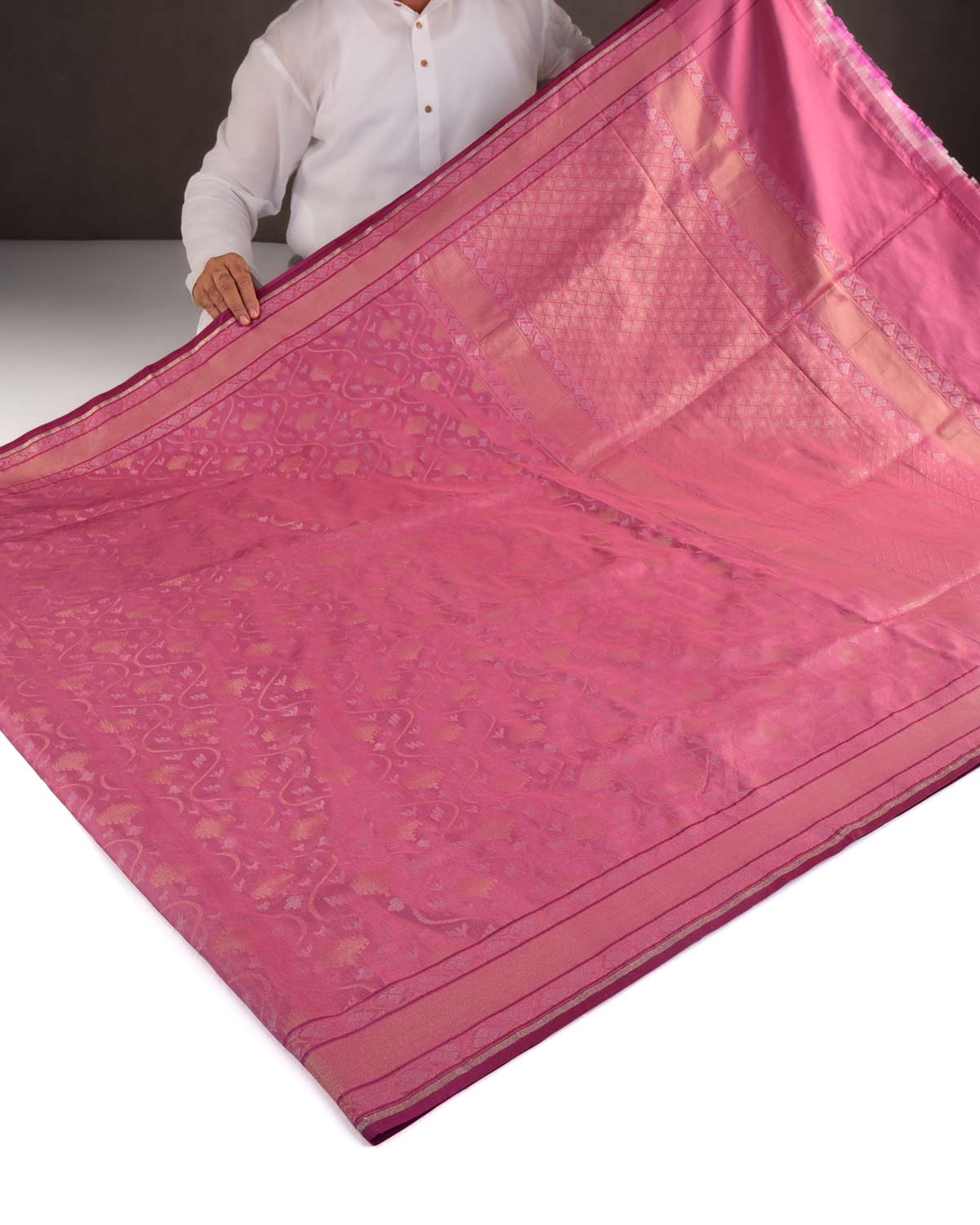 Thulian Pink Gold & Silver Metallic Zari Jaal Ektara Cutwork Brocade Handwoven Katan Silk Banarasi Saree-HolyWeaves