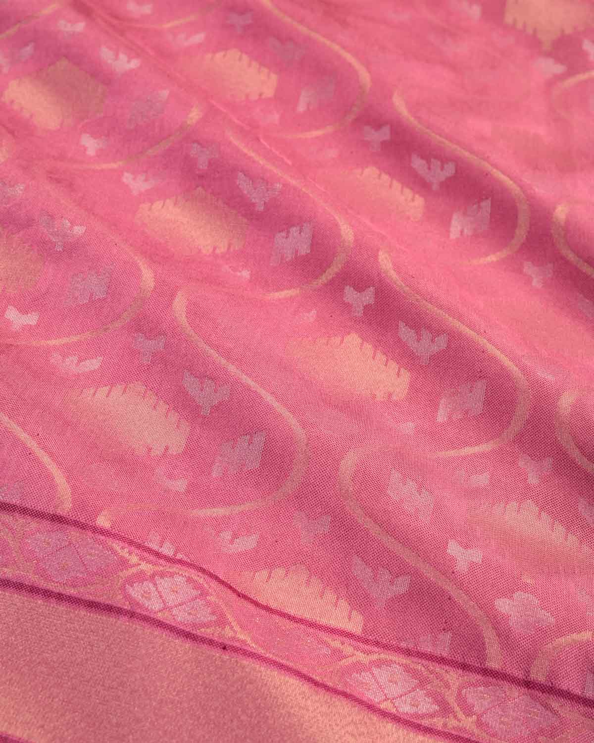 Thulian Pink Gold & Silver Metallic Zari Jaal Ektara Cutwork Brocade Handwoven Katan Silk Banarasi Saree-HolyWeaves