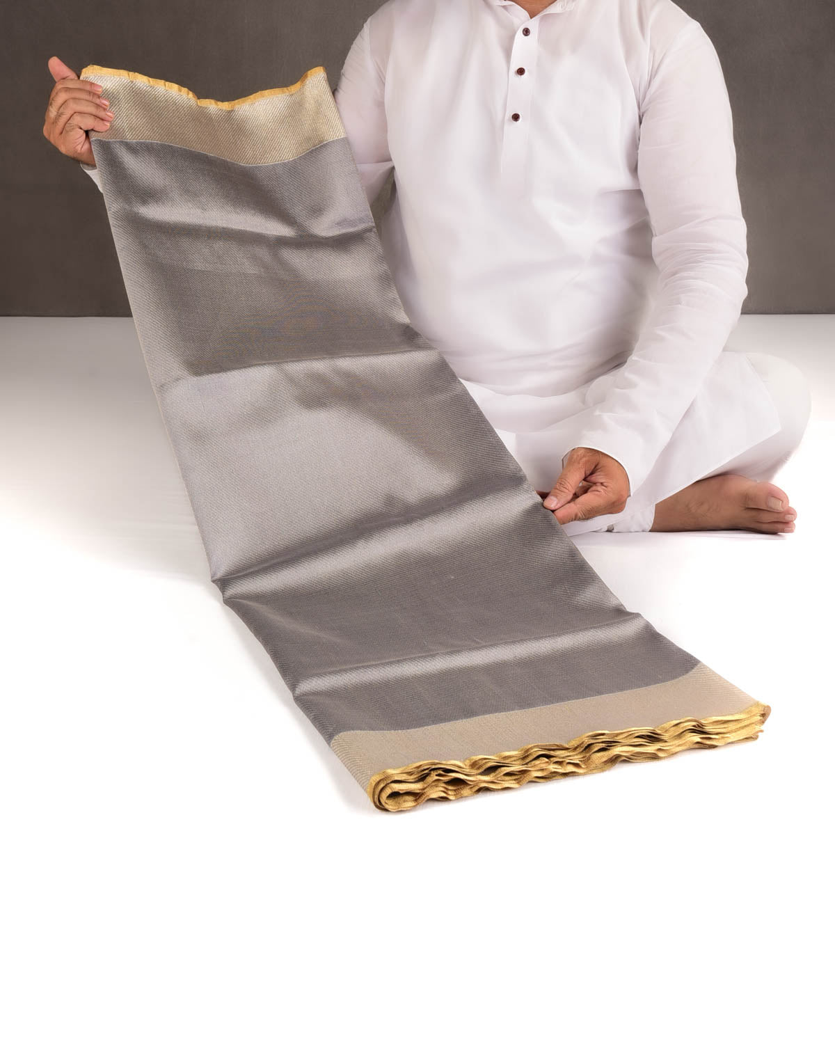 Metallic Gray Drill Brocade Handwoven Net Tissue Banarasi Saree with Silver Zari Border Pallu-HolyWeaves