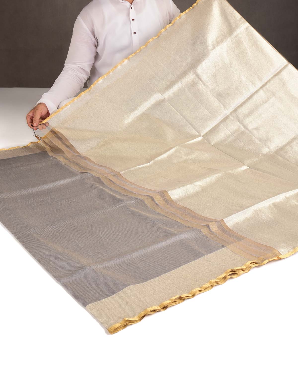 Metallic Gray Drill Brocade Handwoven Net Tissue Banarasi Saree with Silver Zari Border Pallu-HolyWeaves