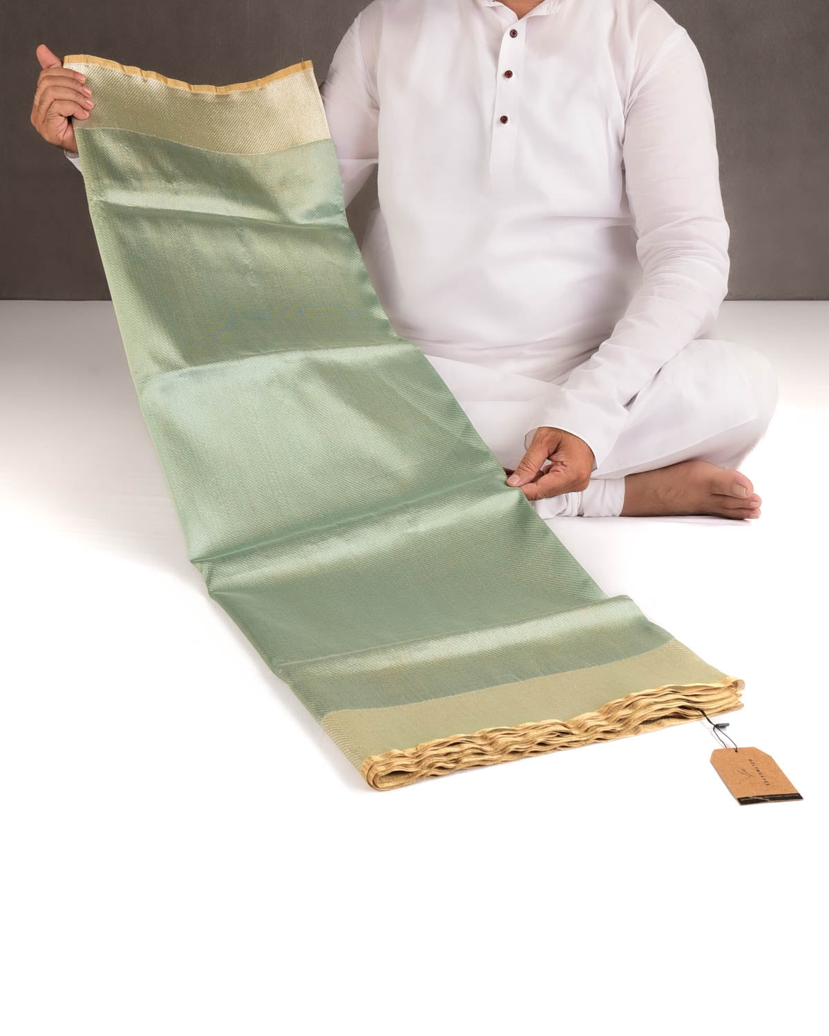 Metallic Gray-Green Drill Brocade Handwoven Net Tissue Banarasi Saree with Silver Zari Border Pallu-HolyWeaves