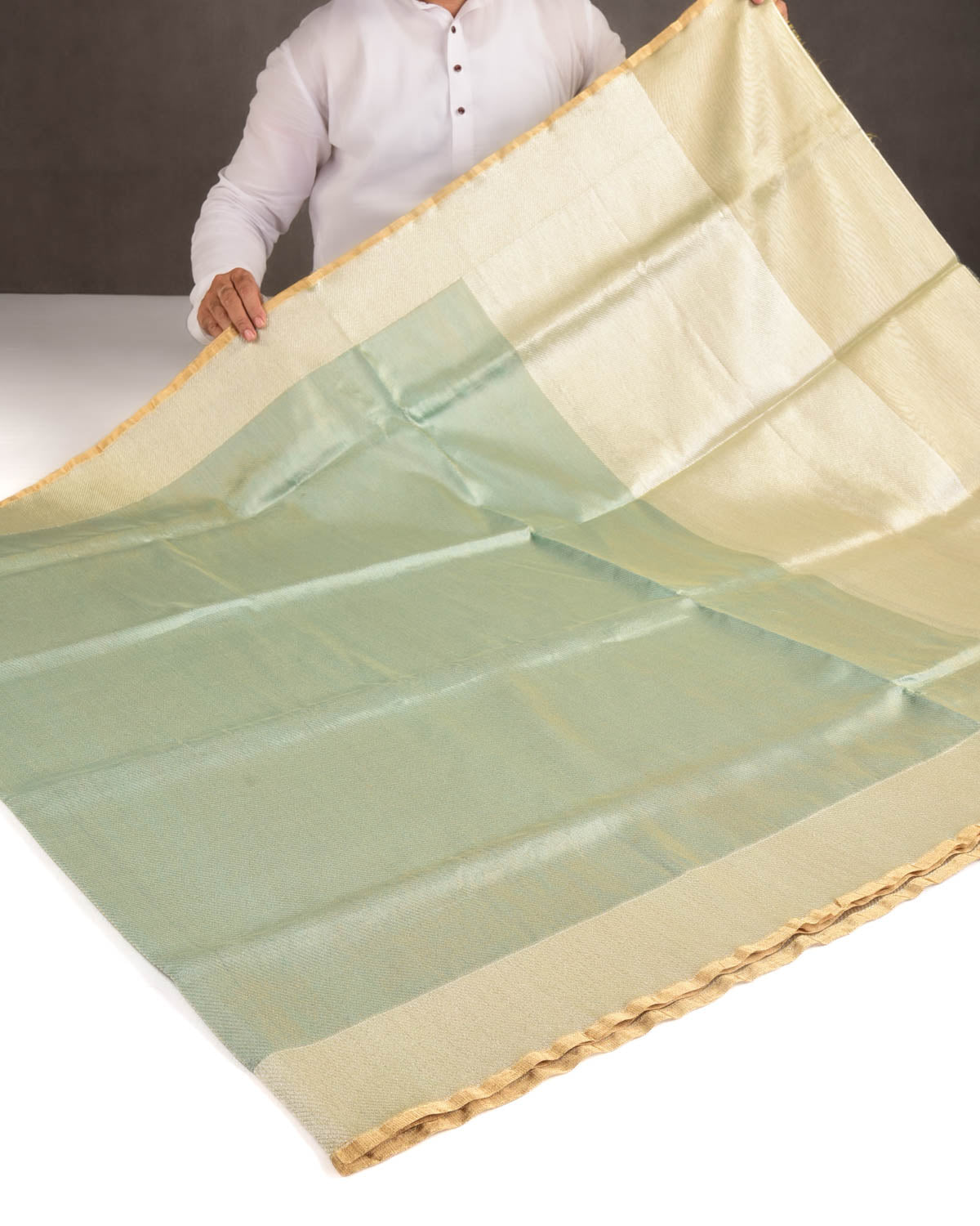 Metallic Gray-Green Drill Brocade Handwoven Net Tissue Banarasi Saree with Silver Zari Border Pallu-HolyWeaves