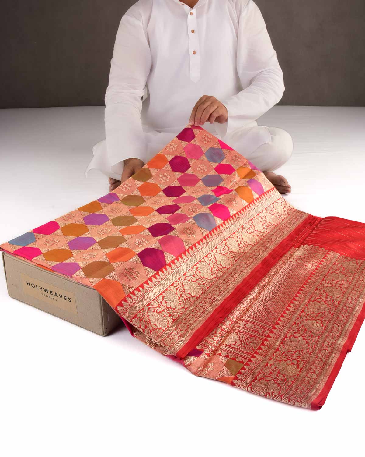 Bridal Multi-color Gold Zari Super-Star Rangkaat Kadhuan Brocade Handwoven Katan Silk Banarasi Saree-HolyWeaves