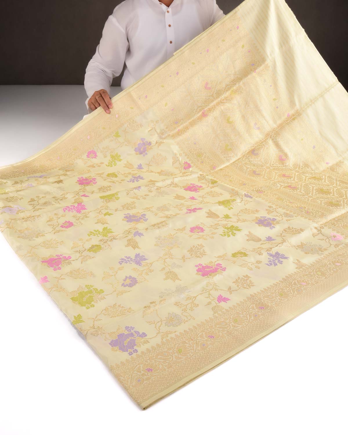 Cream Gold Silver Zari And Resham Floral Jaal Kadhuan Brocade Handwoven Katan Silk Banarasi Saree-HolyWeaves