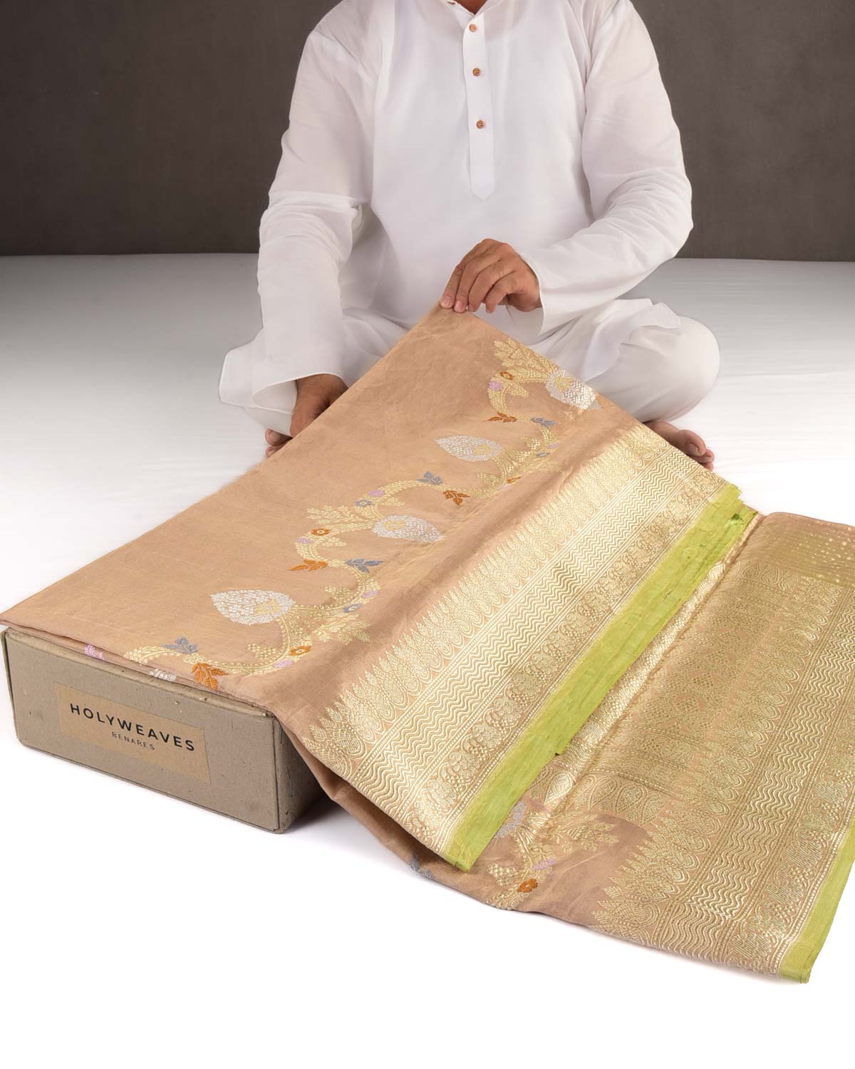 Metallic Beige Gold Silver Zari And Resham Bel Kadhuan Brocade Handwoven Kora Tissue Banarasi Saree-HolyWeaves