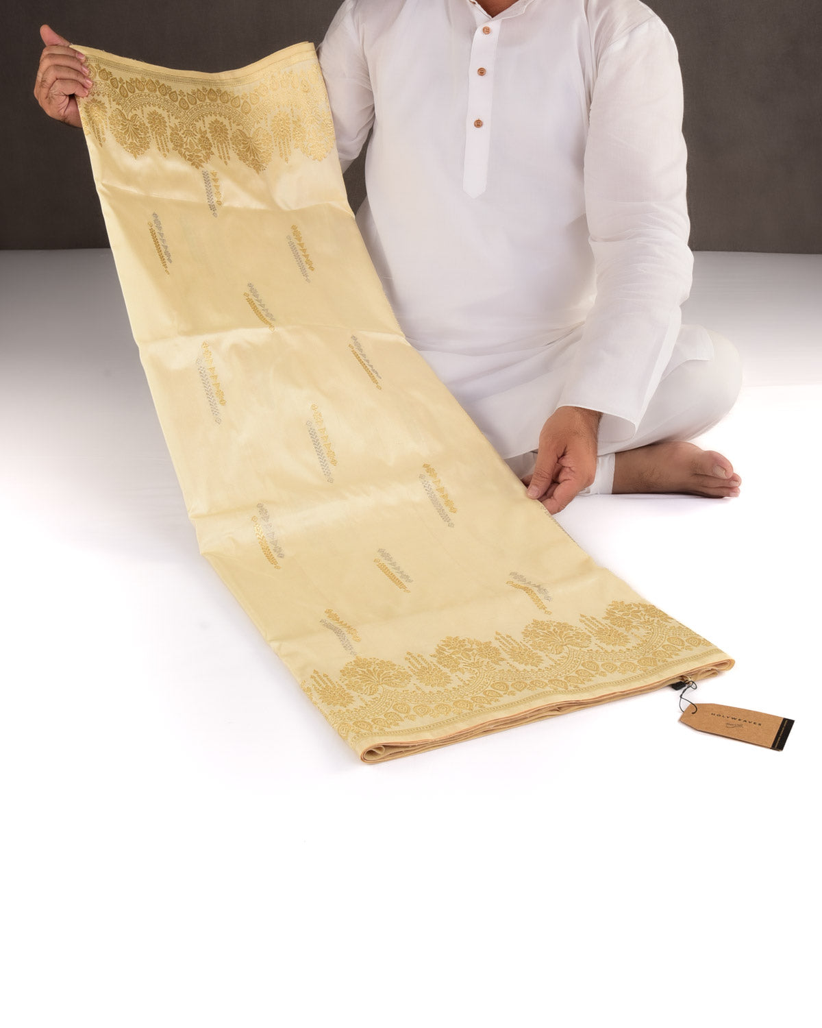 Cream Gold & Silver Zari Buti Kadhuan Brocade Handwoven Katan Silk Banarasi Saree with Scallop Border-HolyWeaves