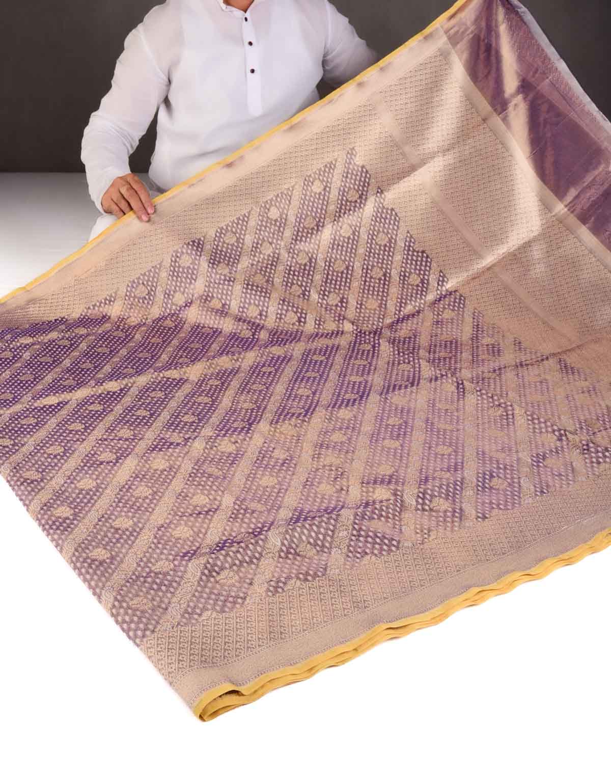 Metallic Indigo Gold Zari And White Cotton Diagonal Ornament Stripes Cutwork Brocade Handwoven Kora Tissue Banarasi Saree-HolyWeaves