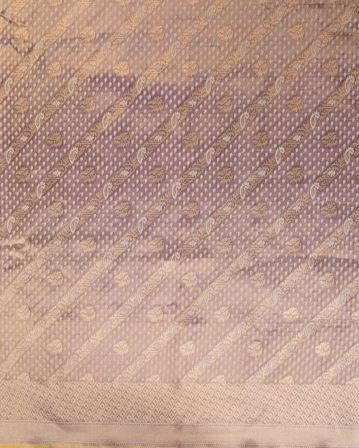 Metallic Indigo Gold Zari And White Cotton Diagonal Ornament Stripes Cutwork Brocade Handwoven Kora Tissue Banarasi Saree-HolyWeaves