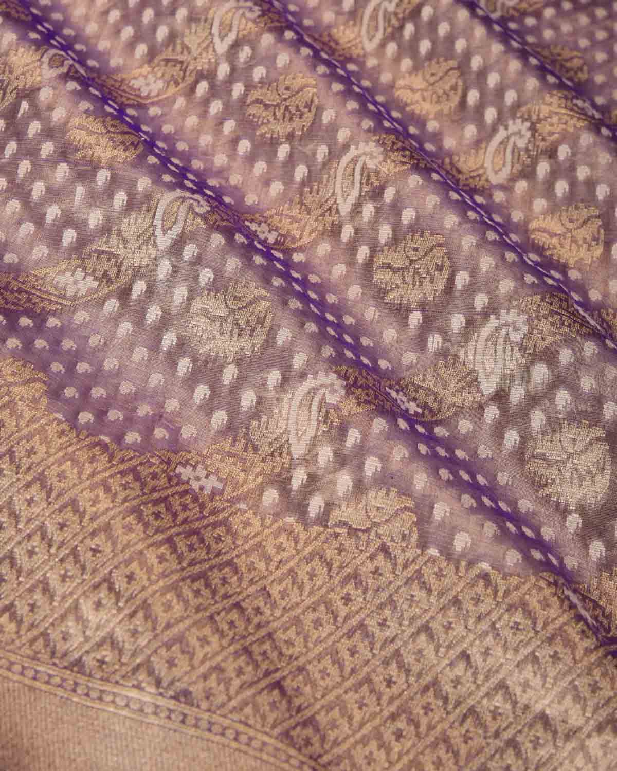 Metallic Indigo Gold Zari And White Cotton Diagonal Ornament Stripes Cutwork Brocade Handwoven Kora Tissue Banarasi Saree-HolyWeaves