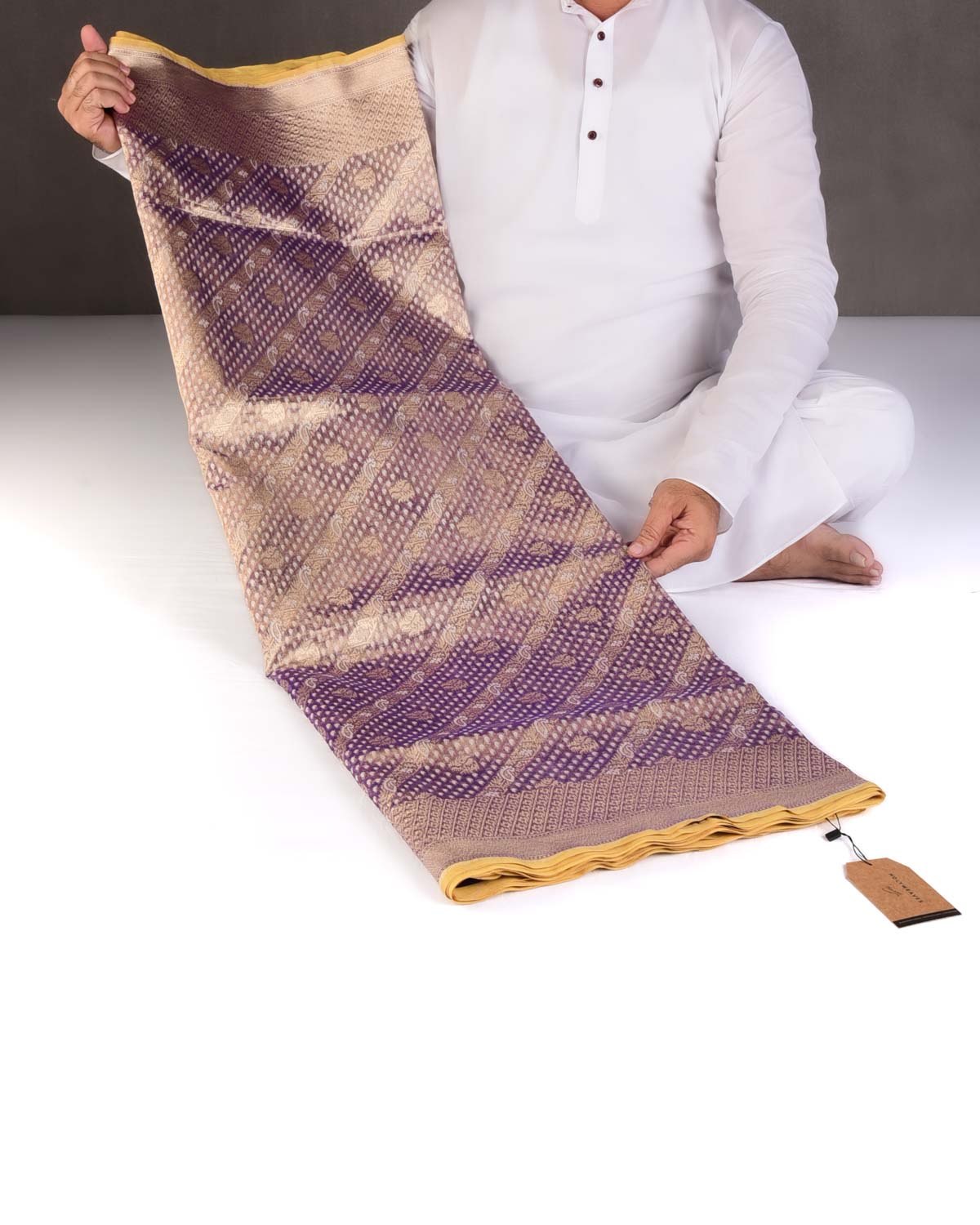 Metallic Indigo Gold Zari And White Cotton Diagonal Ornament Stripes Cutwork Brocade Handwoven Kora Tissue Banarasi Saree-HolyWeaves