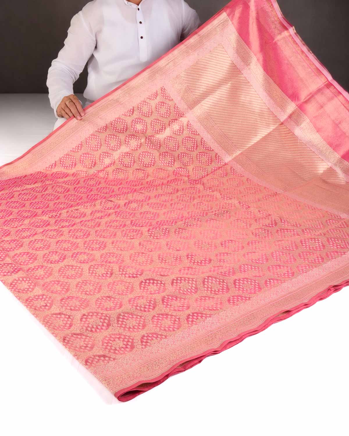Metallic Pink Gold Zari And White Cotton Alfi Jangla Cutwork Brocade Handwoven Kora Tissue Banarasi Saree-HolyWeaves