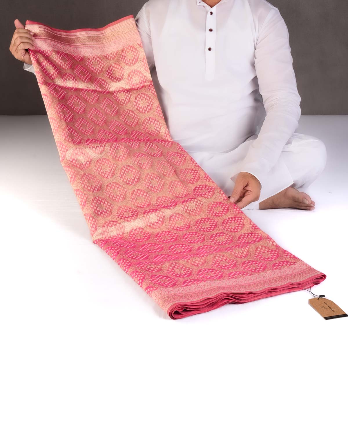 Metallic Pink Gold Zari And White Cotton Alfi Jangla Cutwork Brocade Handwoven Kora Tissue Banarasi Saree-HolyWeaves
