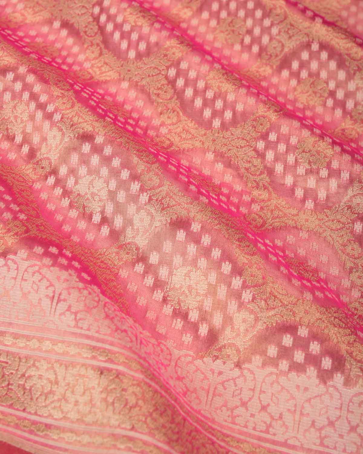 Metallic Pink Gold Zari And White Cotton Alfi Jangla Cutwork Brocade Handwoven Kora Tissue Banarasi Saree-HolyWeaves