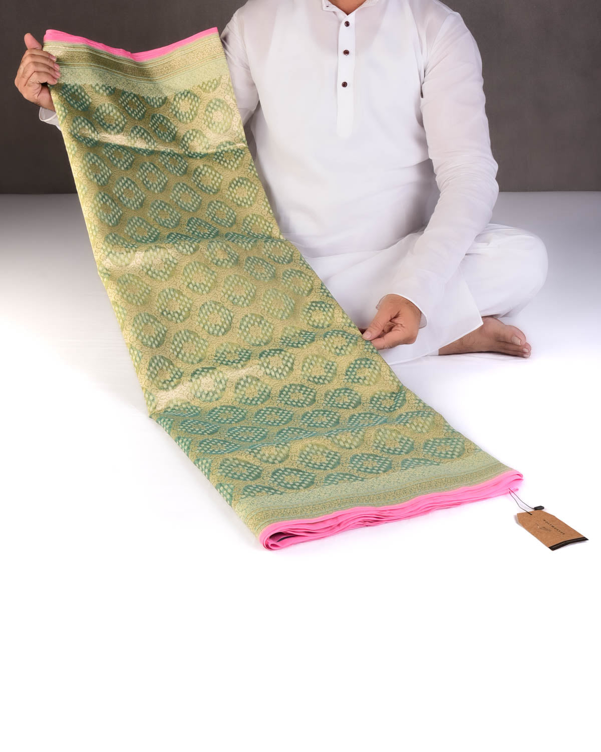 Metallic Green Gold Zari And White Cotton Alfi Jangla Cutwork Brocade Handwoven Kora Tissue Banarasi Saree-HolyWeaves